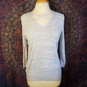 Lety & Me Gray & White Pointelle Knit Lightweight Sweater Womens Size Medium